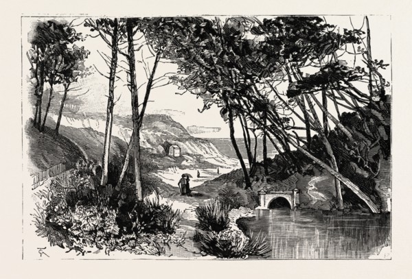 BOURNEMOUTH, BRANKSOME CHINE ENTRANCE FROM THE SANDS, engraving 1890, UK, U.K., Britain, British,