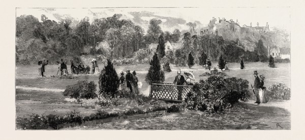 BOURNEMOUTH, VIEW IN PUBLIC GARDENS, engraving 1890, UK, U.K., Britain, British, Europe, United
