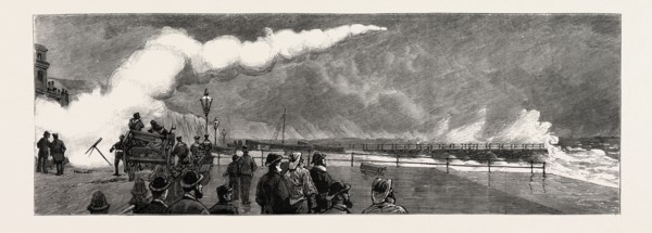 DOVER, THE BRIGADE AT PRACTICE FIRING A, ROCKET OVER THE END OF THE PIER, THE PIER REPRESENTING A