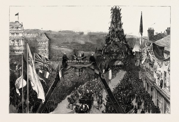 BOURNEMOUTH, THE ROYAL PROCESSION PASSING UNDER THE EIFFEL TOWER FROM THE GARDENS, engraving 1890,