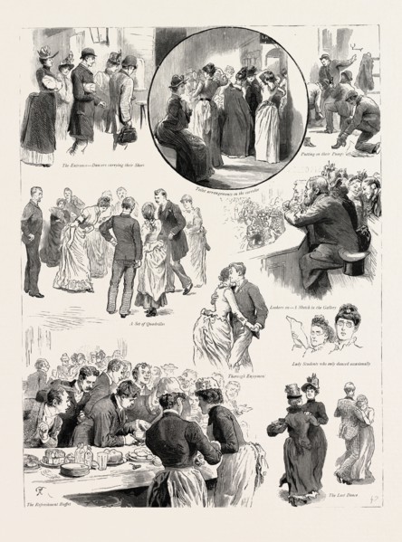 AMUSEMENTS AT THE PEOPLE'S PALACE, MILE END ROAD, A SUBSCRIPTION DANCE, LONDON, engraving 1890, UK,