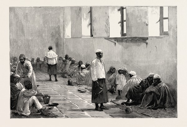 EMIN PASHA'S PEOPLE  AT HOME IN THE ABBASSIYEH BARRACKS, CAIRO, EGYPT, engraving 1890