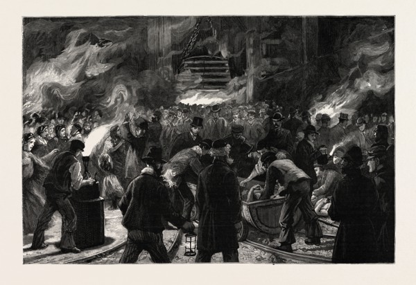 Colliery explosion at LLanerch, Monmouthshire, THE MIDNIGHT SHIFT WAITING TO DESCEND THE SHAFT TO