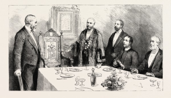 Presentation of a carved oak chair to Dr. James Williams at Brecon, Wales, Colonel John Morgan,