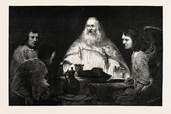 ABRAHAM AT TABLE WITH THE ANGELS, picture attributed to Rembrandt, engraving 1890