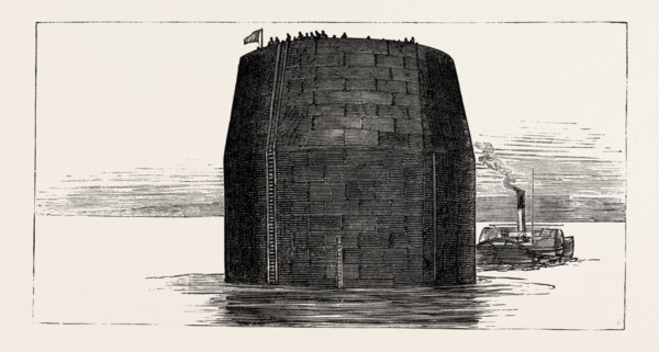 THE OPENING OF FORTH BRIDGE BY THE PRINCE OF WALES, TOWING A CAISSON INTO POSITION, engraving 1890,