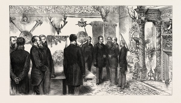 OPENING OF THE FORTH BRIDGE, THE PRINCE AND THE DIRECTORS IN THE RECEPTION ROOM, engraving 1890,