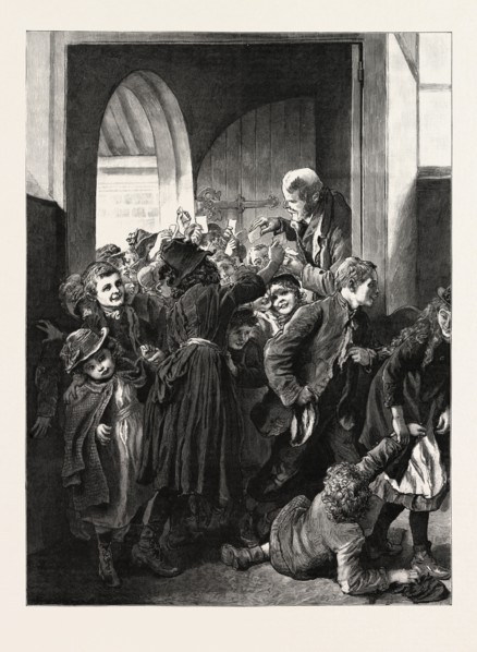 FREE DINNERS TO POOR CHILDREN AT THE KING EDWARD'S MISSION, WHITECHAPEL, LONDON, engraving 1890,
