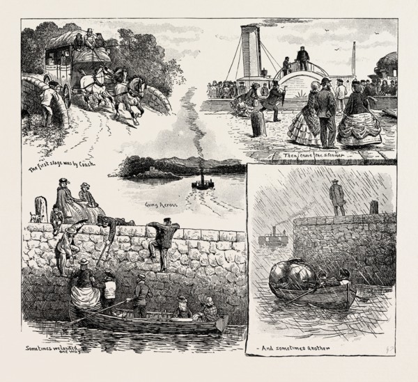 BEFORE THE FORTH BRIDGE EXISTED, CROSSING THE FORTH FIVE AND TWENTY YEARS AGO, engraving 1890, UK,