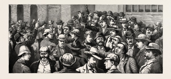 TRANSVAAL GOLD FIELDS, SOUTH AFRICA, SCENE IN THE OPEN AIR, CHANGE, JOHANNESBURG, engraving 1890