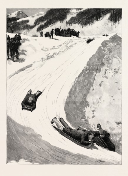 TOBOGGANING AT ST. MORITZ, ENGADINE, SWITZERLAND, SLED, BOBSLEIGH, engraving 1890