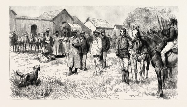 DINIZULU, UNDABUKO, AND CHINGWAO, THE EXILED ZULU CHIEFS, LEAVING THE GAOL AT ESHOWE, ZULULAND, EN