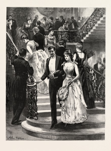 GOING DOWN TO SUPPER, MY FIRST BALL, engraving 1890