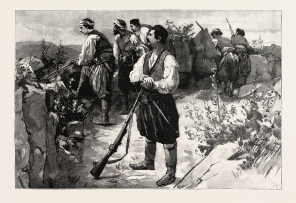 THE TROUBLES IN CRETE, INSURGENTS IN A MOUNTAIN FASTNESS ON THE LOOK OUT FOR THE TURKISH TROOPS,
