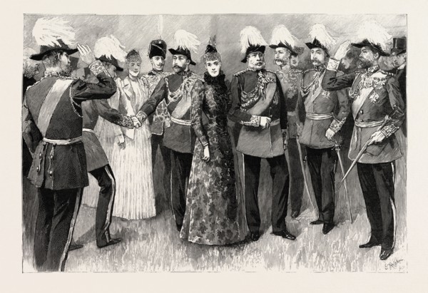 OPENING OF THE ROYAL MILITARY EXHIBITION IN THE CHELSEA HOSPITAL GROUNDS, LONDON, engraving 1890,
