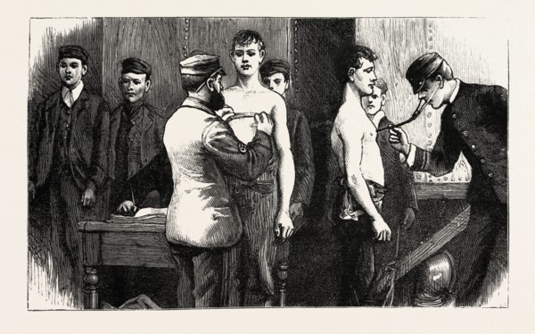 STOKERS FOR THE BRITISH NAVY, CANDIDATES PASSING THE DOCTOR, engraving 1890, UK, U.K., Britain,