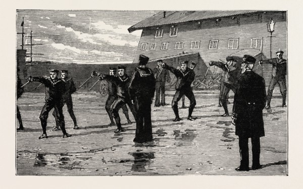 STOKERS FOR THE BRITISH NAVY, CUTLASS DRILL, engraving 1890, UK, U.K., Britain, British, Europe,