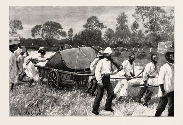 CENTRAL AFRICA,  THE LIFEBOAT ON ITS WAY FROM ZANZIBAR TO UJIJI, engraving 1890, engraved image,