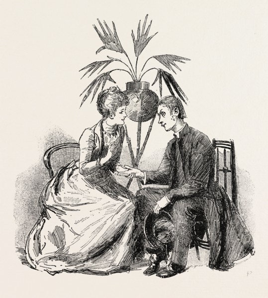 Our curate arranges with my pretty cousin to tell fortunes by palmistry at his Bazaar, engraving