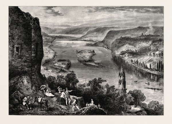 VIEW FROM THE DRACHENFELS, DRAGON'S ROCK, SIEBENGEBIRGE, GERMANY, 19th century engraving