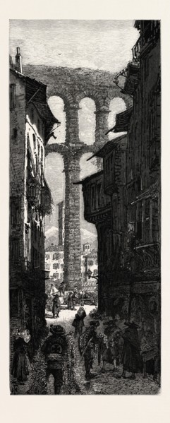 Aqueduct at Segovia, Spain, 19th century engraving