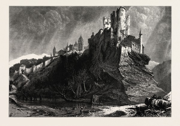 RIVER, AT, SEGOVIA, AND, ALCAZAR, SPAIN, 19th century engraving