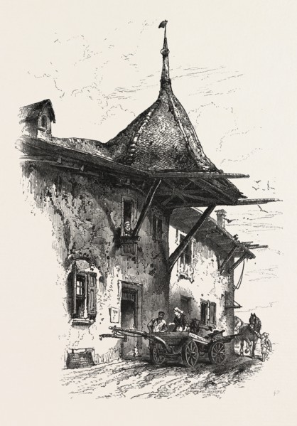 At Davos Dorfli, Switzerland, 19th century engraving