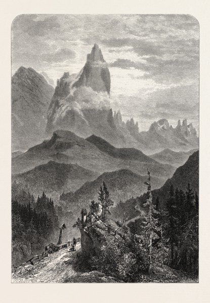 CIMON DELLA PALA, Cimone, Dolomites, Italy, 19th century engraving
