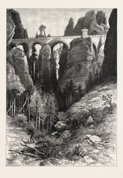THE BASTEI BRIDGE, Saxon Switzerland, Sachsische Schweiz,  bastei, Germany, 19th century engraving