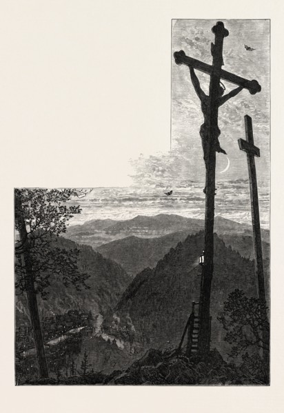 Calvary, Karlsbad, Andelska Hora, Engelhaus, Karlovy Vary, Czech Republic, 19th century engraving