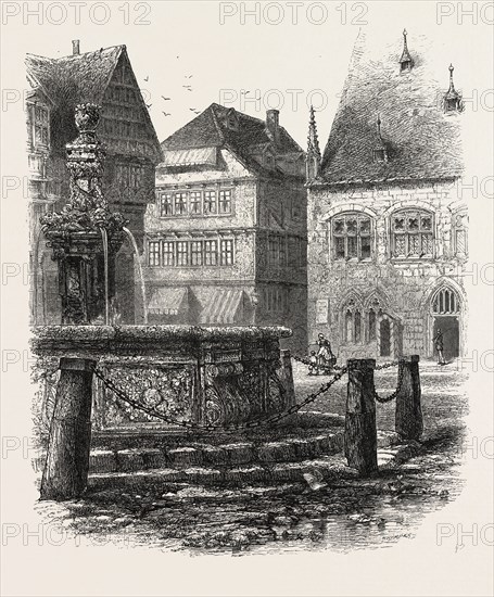 Fountain in Halberstadt, Germany, 19th century engraving