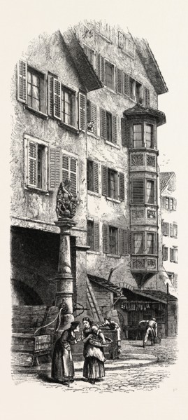 Street Fountain, Zurich, Switzerland, 19th century engraving