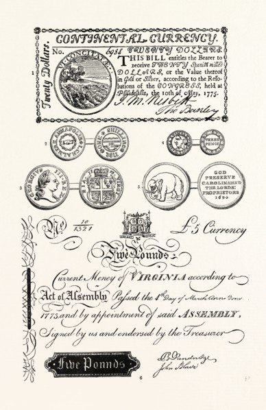 AMERICAN COINS AND PAPER MONEY: 1. American 20 Dollar Bill (1775); 2. Maryland Shilling, 1788 (from