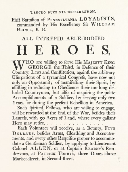 FACSIMILE OF A PROCLAMATION BY SIR WILLIAM HOWE; All intrepid able bodied heroes, who are willing