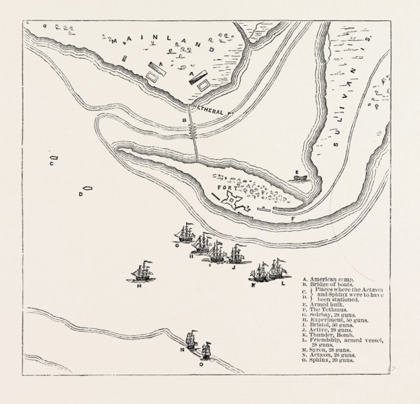 PLAN OF ATTACK ON SULLIVAN'S ISLAND, From Faden's Atlas, UNITED STATES OF AMERICA, US, USA, 1870s