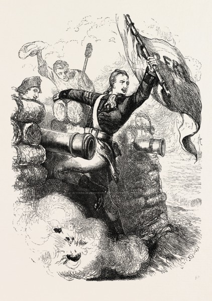 SERGEANT JASPER RECOVERS THE FLAG, US, USA, 1870s engraving