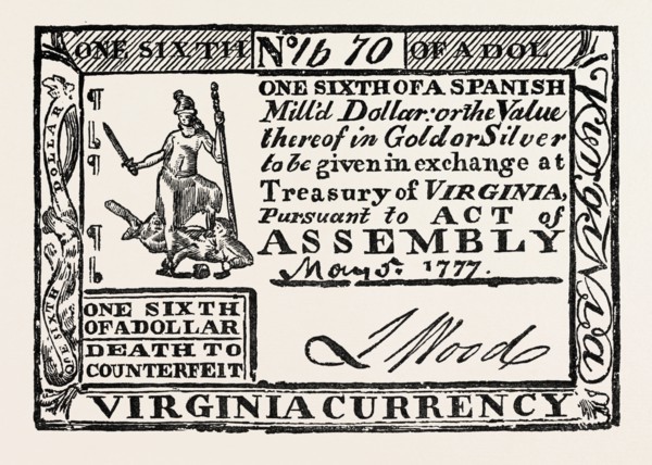 VIRGINIA PAPER MONEY, UNITED STATES OF AMERICA, US, USA, 1870s engraving