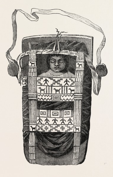 INDIAN CHILD IN CRADLE, US, USA, 1870s engraving