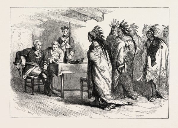 VISIT OF PONTIAC AND THE INDIANS TO MAJOR GLADWIN, US, USA, 1870s engraving