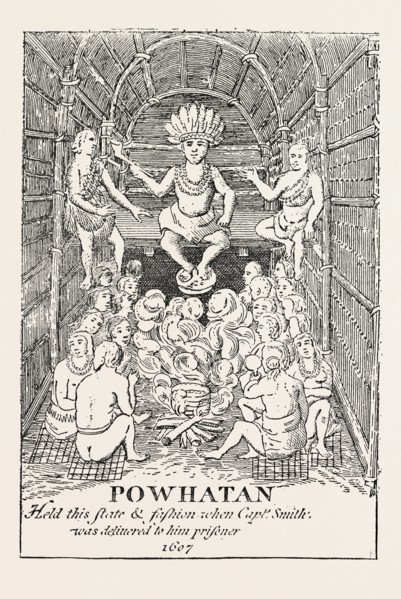 POWHATAN IN STATE. (From Smith's Virginia) Powhatan was the paramount chief of a network of