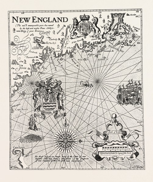 PART OF CAPTAIN J. SMITH'S MAP OF NEW ENGLAND, UNITED STATES OF AMERICA, US, USA, 1870s engraving
