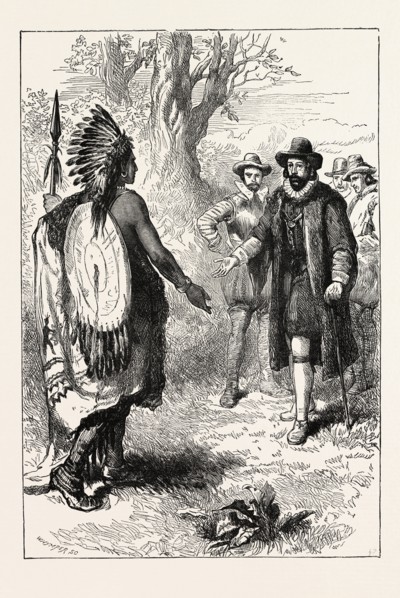 RECEPTION OF A NARRAGANSETT WARRIOR BY JOHN WINTHROP, who was a wealthy English Puritan lawyer and