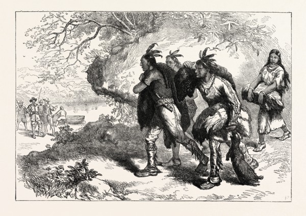 INDIANS BRINGING BEAVER SKINS TO FLEET, US, USA, 1870s engraving