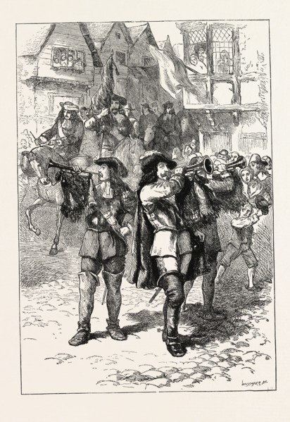 JAMES II. PROCLAIMED AT BOSTON, US, USA, 1870s engraving