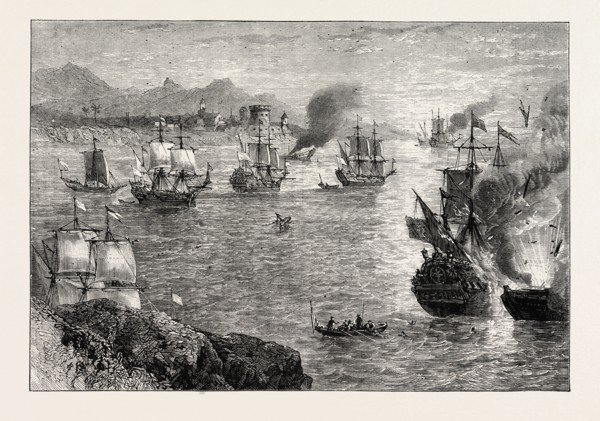 MORGAN'S DEFEAT OF THE SPANISH FLEET. (From the History of the Buccaneers), 1870s engraving
