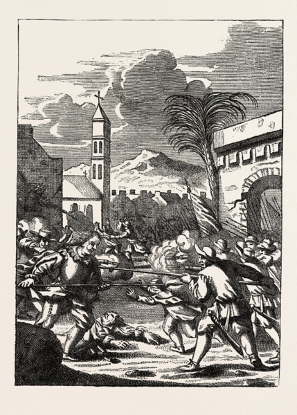 SACK OF PUERTO DEL PRINCIPE. (From the History of the Buccaneers.), 1870s engraving
