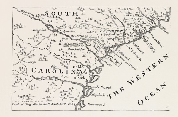 MAP OF SOUTH CAROLINA IN 1730, BY H. MOLL, UNITED STATES OF AMERICA, US, USA, 1870s engraving