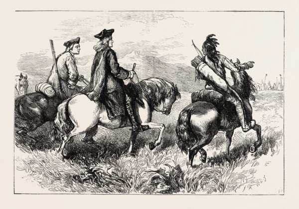 SIR ALEXANDER CUMMING ON HIS WAY TO VISIT THE CHEROKEES, US, USA, 1870s engraving