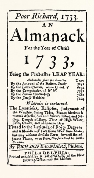 FACSIMILE OF THE TITLE PAGE OF POOR RICHARD'S ALMANACK, 1733, US, USA, 1870s engraving