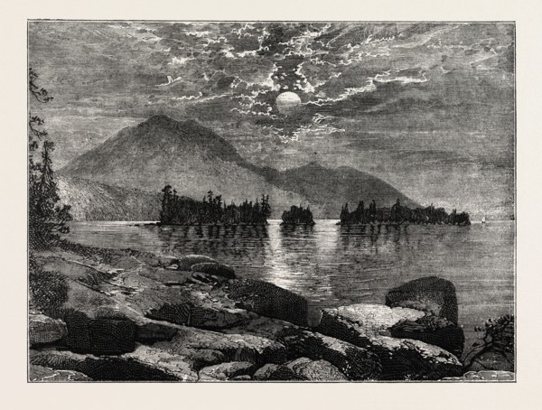 VIEW ON LAKE GEORGE, NORTH AMERICA, US, USA, 1870s engraving